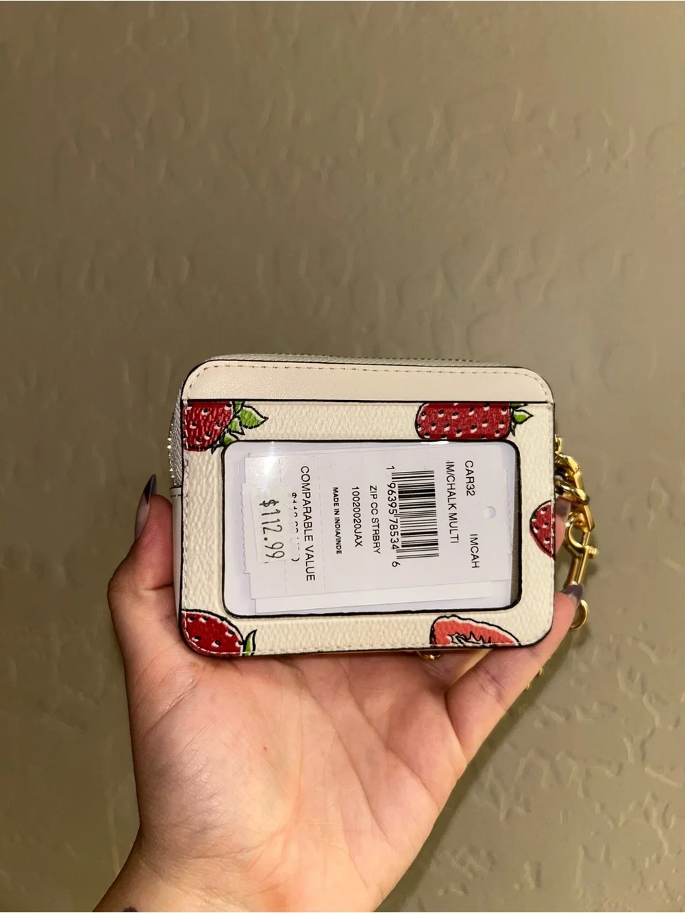 Coach Cream Strawberry Print Zip Card Case with Gold Chain